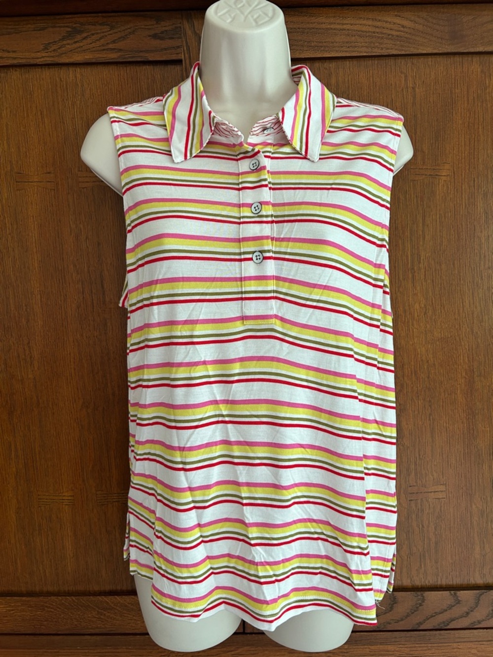 CABI “Tee Up Tee”. Sleeveless Striped Polo Tank - Pink, Yellow, Green, White.